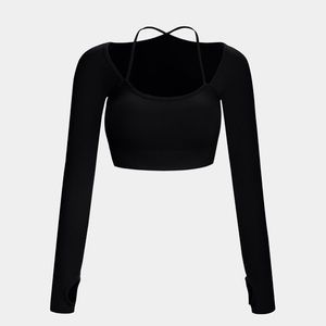 Ribbed Halter Strap Thumb Hole Cropped Sports Top